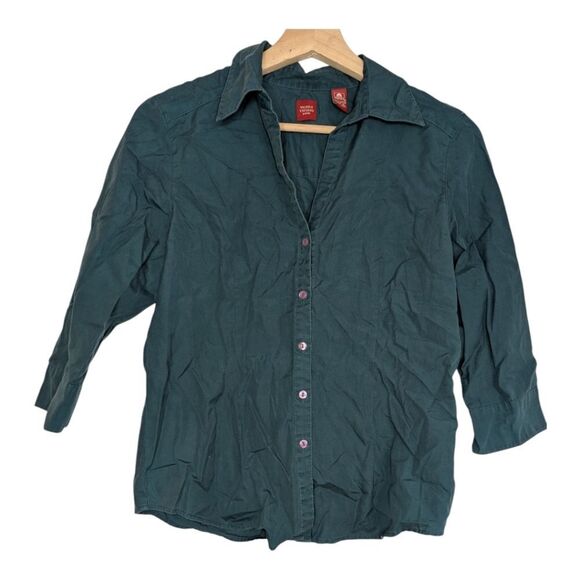 Valerie Stevens Teal VNeck Twill Cotton Shirt Sze M Petite Elbow Length Sleeves - Picture 7 of 7